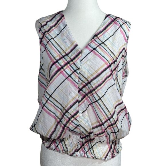 Rafaella Size MP Womens Plaid Button-Up Sleeveless Top With Smocked Hem - Picture 2 of 7
